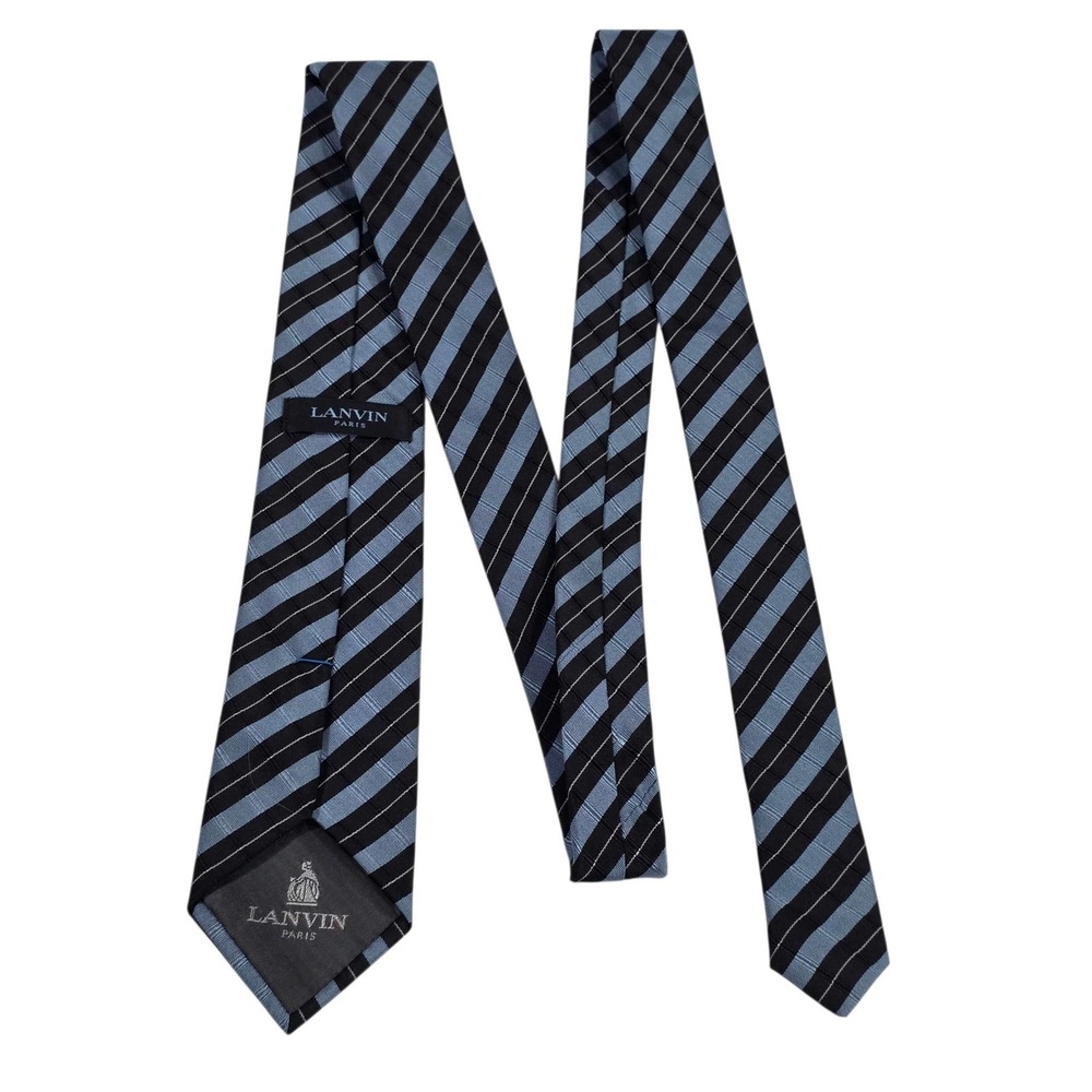 LANVIN Paris Silk Striped Necktie Men's Blue Black Formal Business Power Preppy